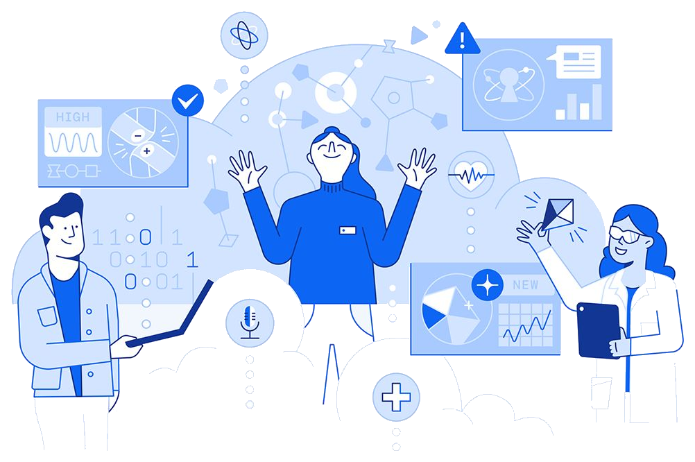 Illustration of people collaborating with an AI assistant